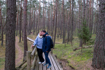 Middle-aged Couple Walking and Talking on Wooden Path in Pine Forest