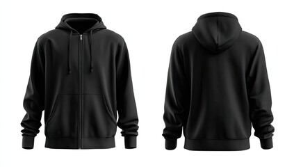 Black zip-up hoodie mockup, front and back views