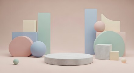 Soft pastel geometric shapes and a cylindrical stage with subtle textured elements against a muted pink background