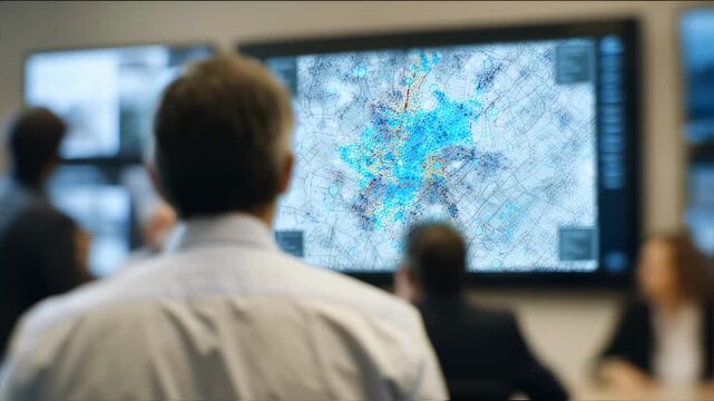 Medium shot capturing an individual analyzing layered policy impact maps on a digital screen with stakeholders faces intentionally out of focus for a datacentric composition.