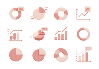 Collection of 3d pastel pink and beige donut charts, pie charts, and bar graphs with ascending arrow isolated on transparent background
