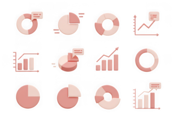 Collection of 3d pastel pink and beige donut charts, pie charts, and bar graphs with ascending arrow isolated on transparent background