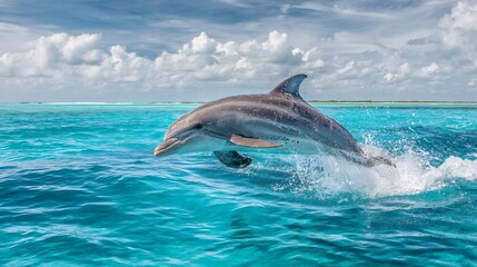 Fototapeta premium Dolphin leaping out of turquoise blue sea joyful wildlife marine photography symbolizing freedom playfulness ocean nature beauty