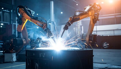 Industrial robots welding metal