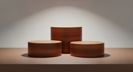 Studio scene featuring three round brown stages of varying heights, illuminated by a spotlight for an elegant product showcase