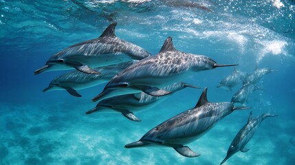 Obraz premium Dolphin pod swimming together crystal clear ocean joyful marine wildlife scene symbolizing unity harmony and playful energy