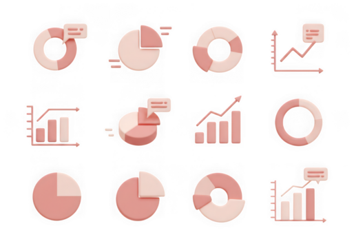 Collection of 3d pastel pink and beige donut charts, pie charts, and bar graphs with ascending arrow isolated on transparent background