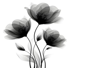 Obraz premium Ethereal translucent blossoms with delicate petals in grayscale, softly illuminated on a white background space.