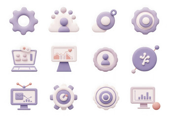 Collection of 3d icons for business analytics, strategy, and digital workflow, isolated on transparent background