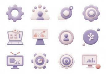 Collection of 3d icons for business analytics, strategy, and digital workflow, isolated on transparent background