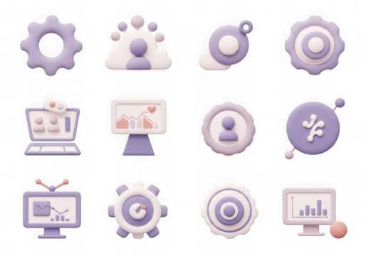 Collection of 3d icons for business analytics, strategy, and digital workflow, isolated on transparent background