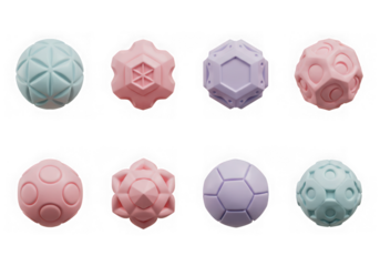 Assortment of geometric 3d balls and polyhedral shapes in pastel blue, pink, and purple, isolated on transparent background