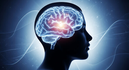 An illustration of a human head with a glowing brain, highlighting neural activity.