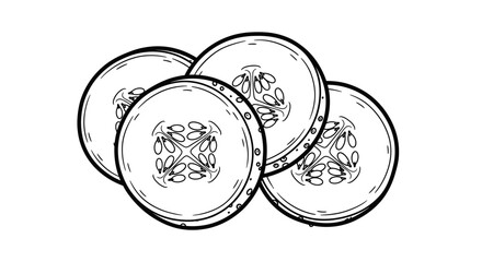 three slices of cucumber, line art, fresh, healthy, vegan food illustration