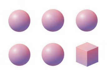 Six pink and purple gradient spheres and one cube isolated on transparent background, 3d rendering