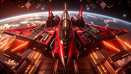 Futuristic red spaceship in orbit