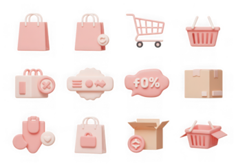 Collection of pastel pink and beige 3d ecommerce icons including shopping bags, a cart, boxes, and baskets, isolated on transparent background