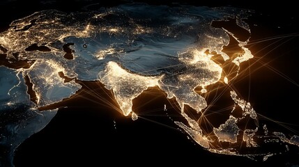 Global interconnectedness illuminated by vibrant city lights and dynamic flight paths across continents at night