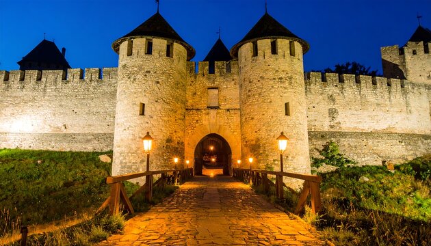 Medieval fortress gate at twilight