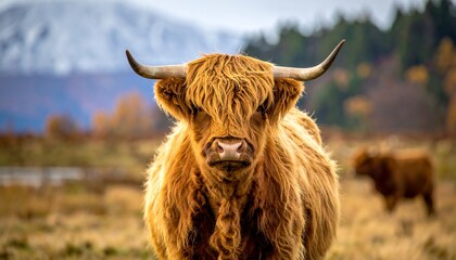 Highland cow portrait in autumnal landscape