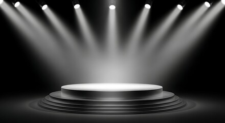 Empty circular stage dramatically lit by multiple spotlights on a dark background. A powerful symbol of opportunity, achievement, and recognition