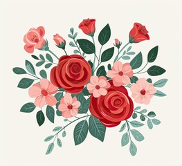 Vibrant floral arrangement featuring red roses and pink blossoms with lush green leaves