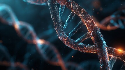 Dynamic, glowing DNA helix strands swirl in a dark, futuristic laboratory, representing genetics, science, and life's fundamental code with vibrant energy