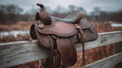 Leather Saddle Resting on Fence in Autumn Landscape Surrounded by Tall Grasses and Overcast Sky in Rural Area