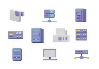 Collection of 3d server rack, computer monitor, and network equipment icons isolated on transparent background