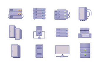 Assortment of 3d server, computer, and network device icons isolated on transparent background