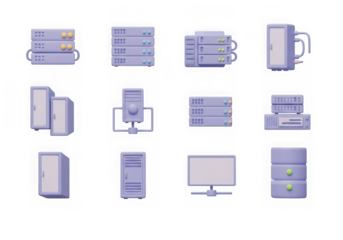 Assortment of 3d server, computer, and network device icons isolated on transparent background