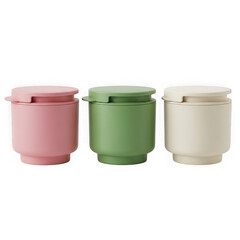 Three colorful containers isolated on transparent background