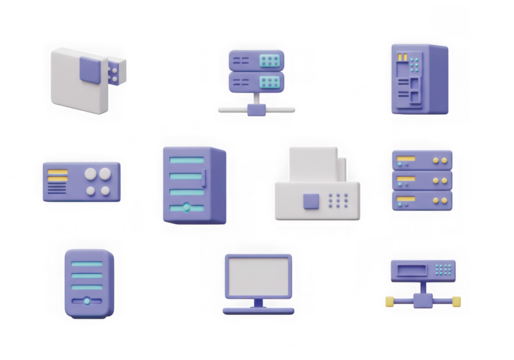 Collection of 3d server rack, computer monitor, and network equipment icons isolated on transparent background - Powered by Adobe