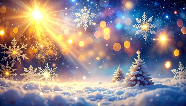 A winter wonderland scene showcases snow-covered evergreen trees illuminated by a warm glow, with glittering snowflakes and sparkling lights, creating a festive and magical atmosphere. - Powered by Adobe