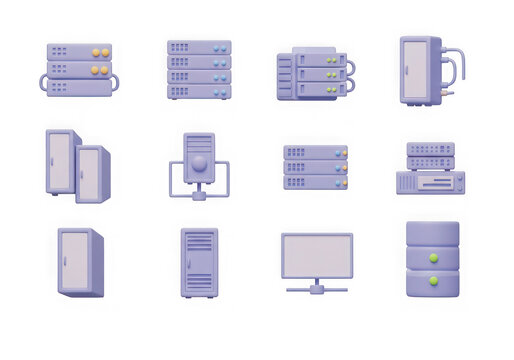 Assortment of 3d server, computer, and network device icons isolated on transparent background