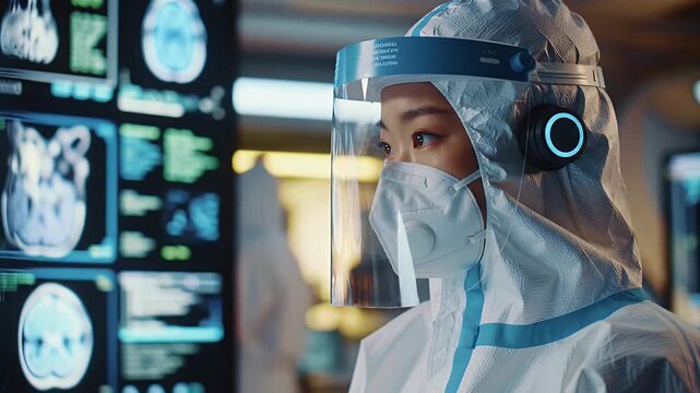 Asian Female Medical Professional in Hazmat Suit Examining Brain Scans on Monitors in Dimly Lit Research Lab - Powered by Adobe