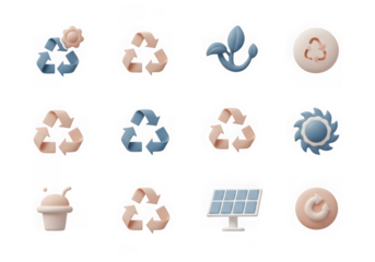 Collection of ecofriendly icons including recycling symbols, a sprout, a solar panel, and a wind turbine isolated on transparent background