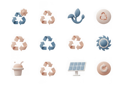 Collection of ecofriendly icons including recycling symbols, a sprout, a solar panel, and a wind turbine isolated on transparent background