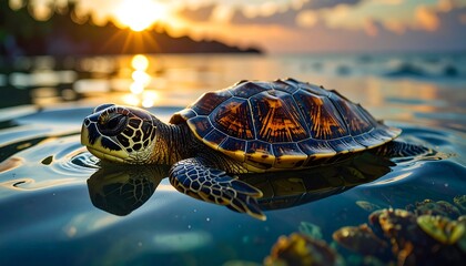 Turtle floats peacefully in calm water at sunrise
