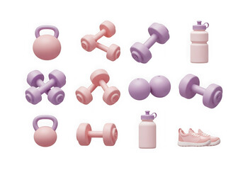Collection of pastel pink and purple fitness equipment, including dumbbells, kettlebells, and water bottles, isolated on transparent background