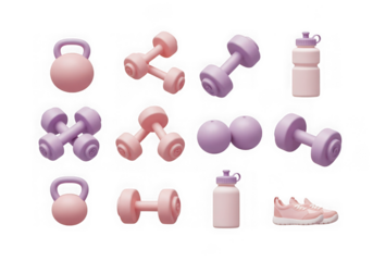 Collection of pastel pink and purple fitness equipment, including dumbbells, kettlebells, and water bottles, isolated on transparent background
