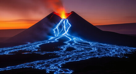 Volcano erupting with vibrant blue lava flow at sunset, a powerful display of nature's raw energy.