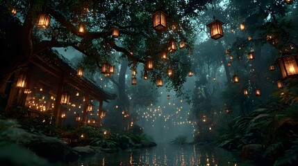 Enchanted forest with glowing lanterns and traditional asian architecture, mystical and serene atmosphere-Haunted Japanese Obon lanterns glowing in misty forest Halloween background