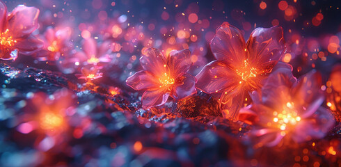 Magical glowing flowers bloom with sparkling bokeh lights in a mystical twilight garden.