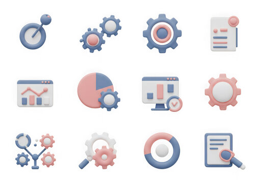 Collection of 3d icons representing data analysis, business strategy, and workflow optimization, isolated on transparent background