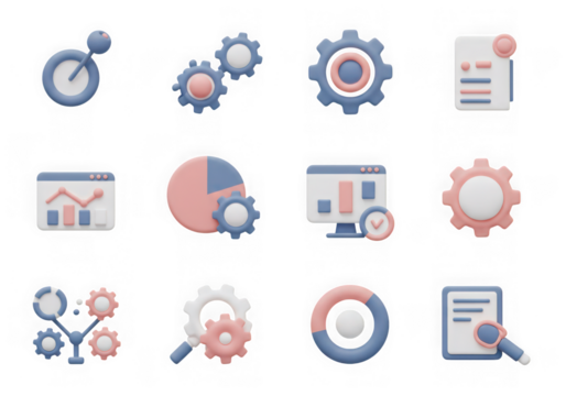 Collection of 3d icons representing data analysis, business strategy, and workflow optimization, isolated on transparent background
