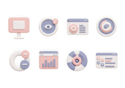 Variety of 3d icons for business analytics, finance, and digital strategy, isolated on transparent background