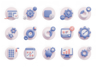Collection of 3d icons representing business analytics, finance, and data management, isolated on transparent background