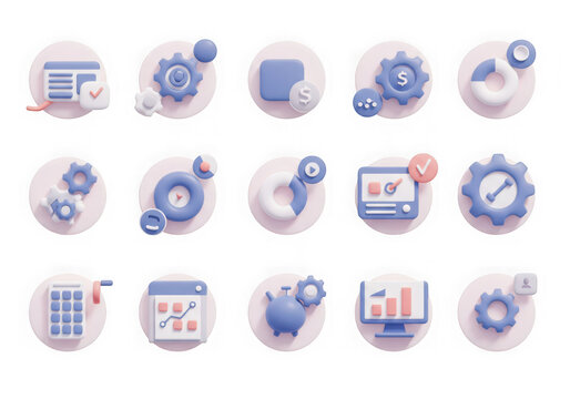 Collection of 3d icons representing business analytics, finance, and data management, isolated on transparent background