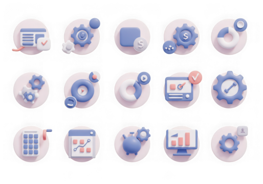 Collection of 3d icons representing business analytics, finance, and data management, isolated on transparent background